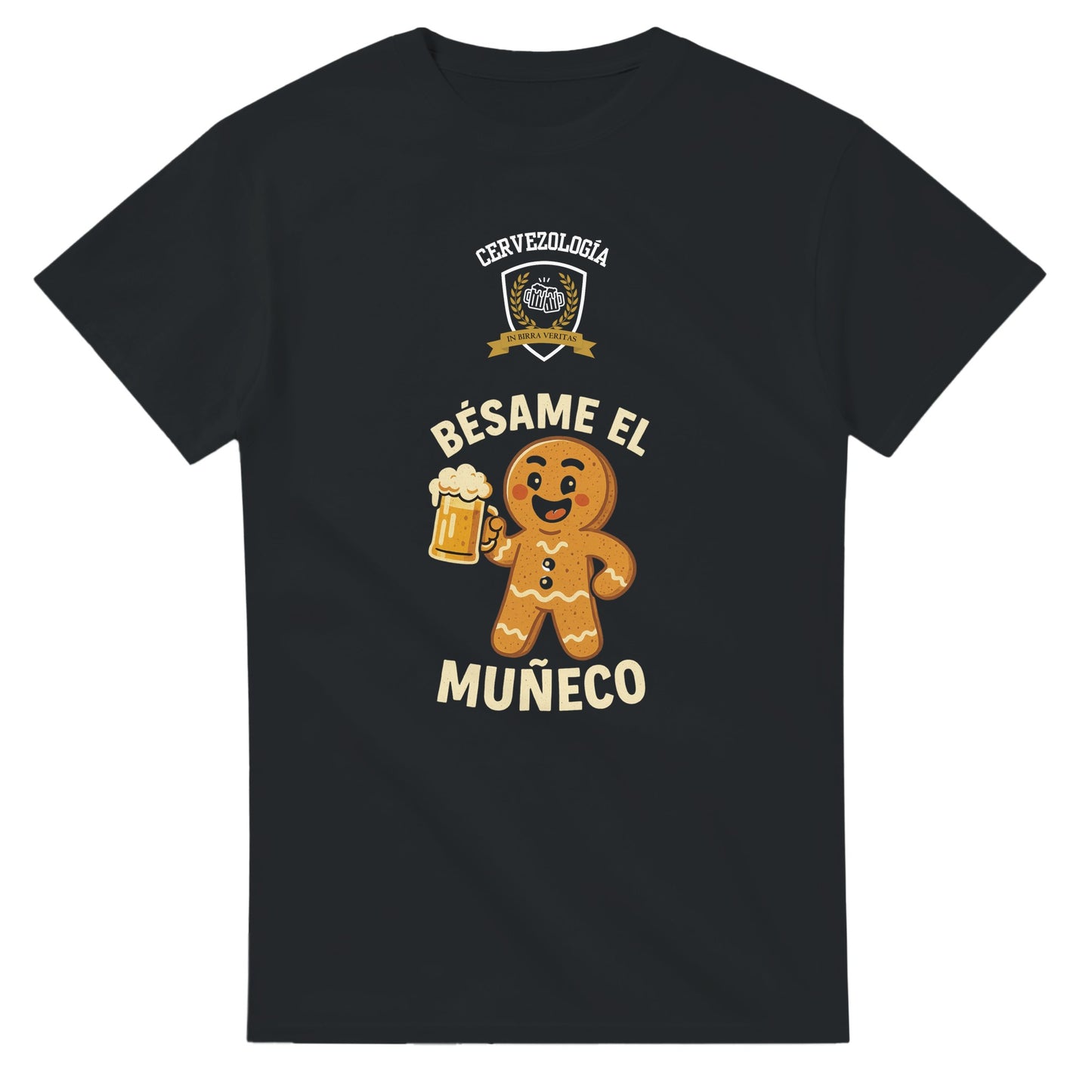Camiseta negra con estampado de personaje de jengibre y vaso de cerveza