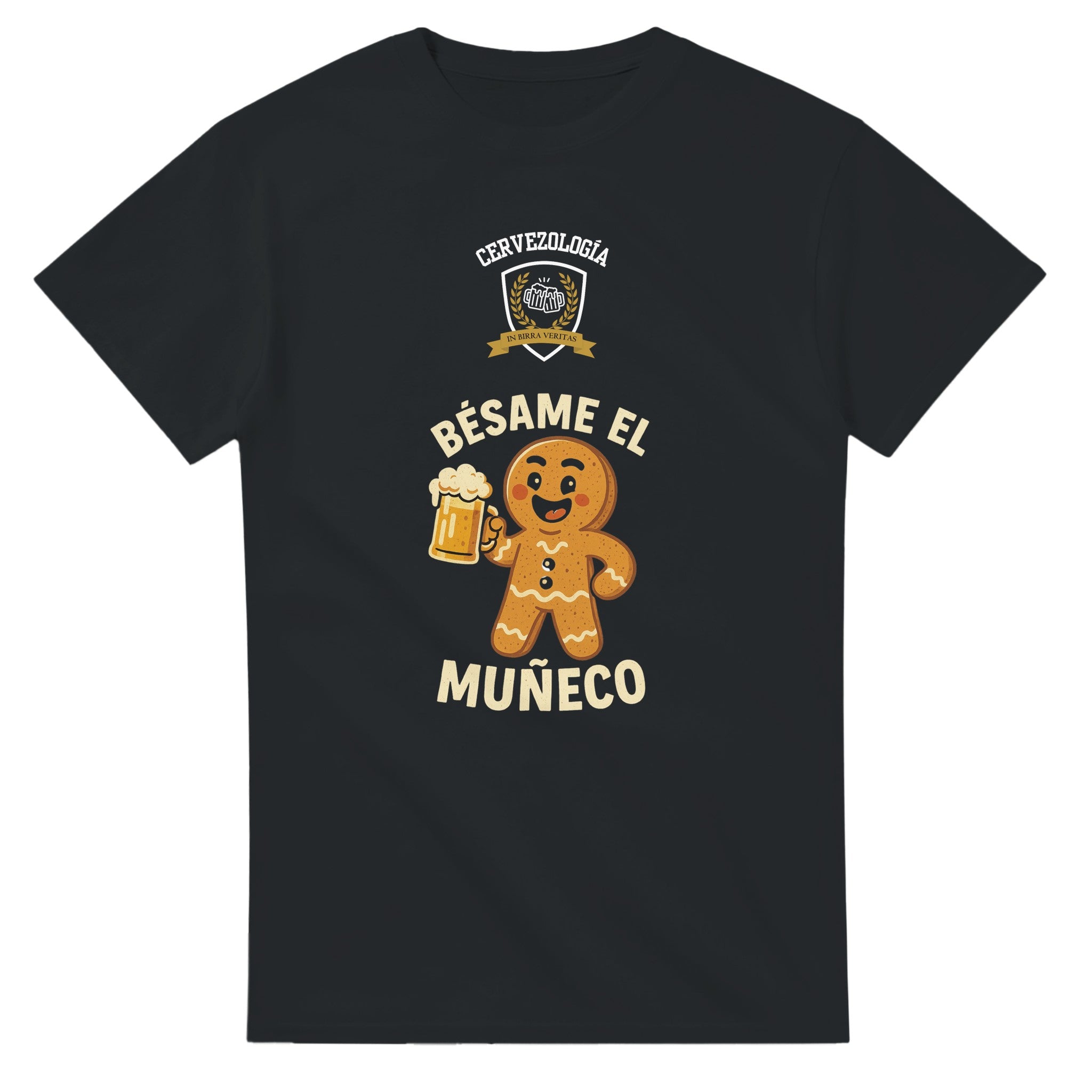Camiseta negra con estampado de personaje de jengibre y vaso de cerveza