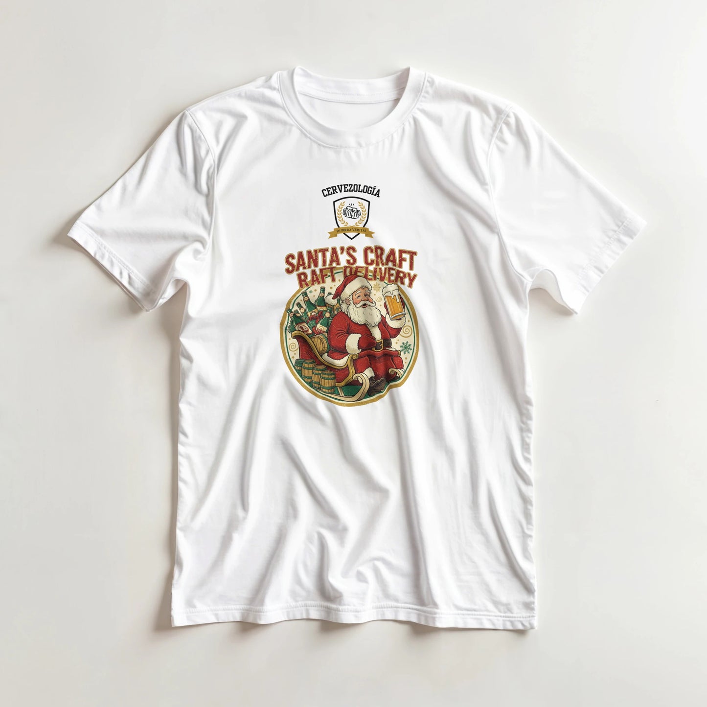 Camiseta blanca de manga corta con estampado navideño circular en el pecho