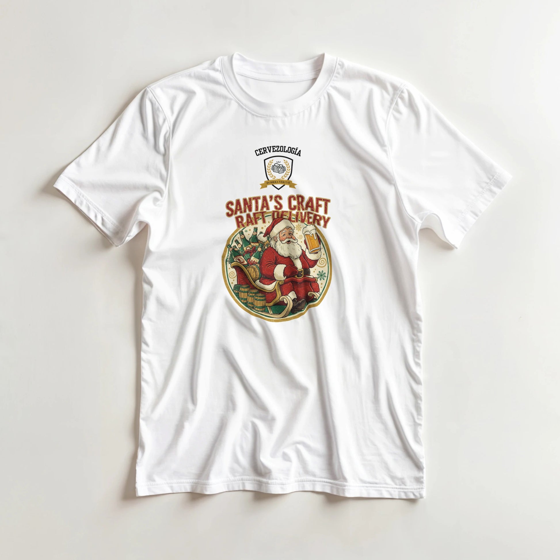 Camiseta blanca de manga corta con estampado navideño circular en el pecho