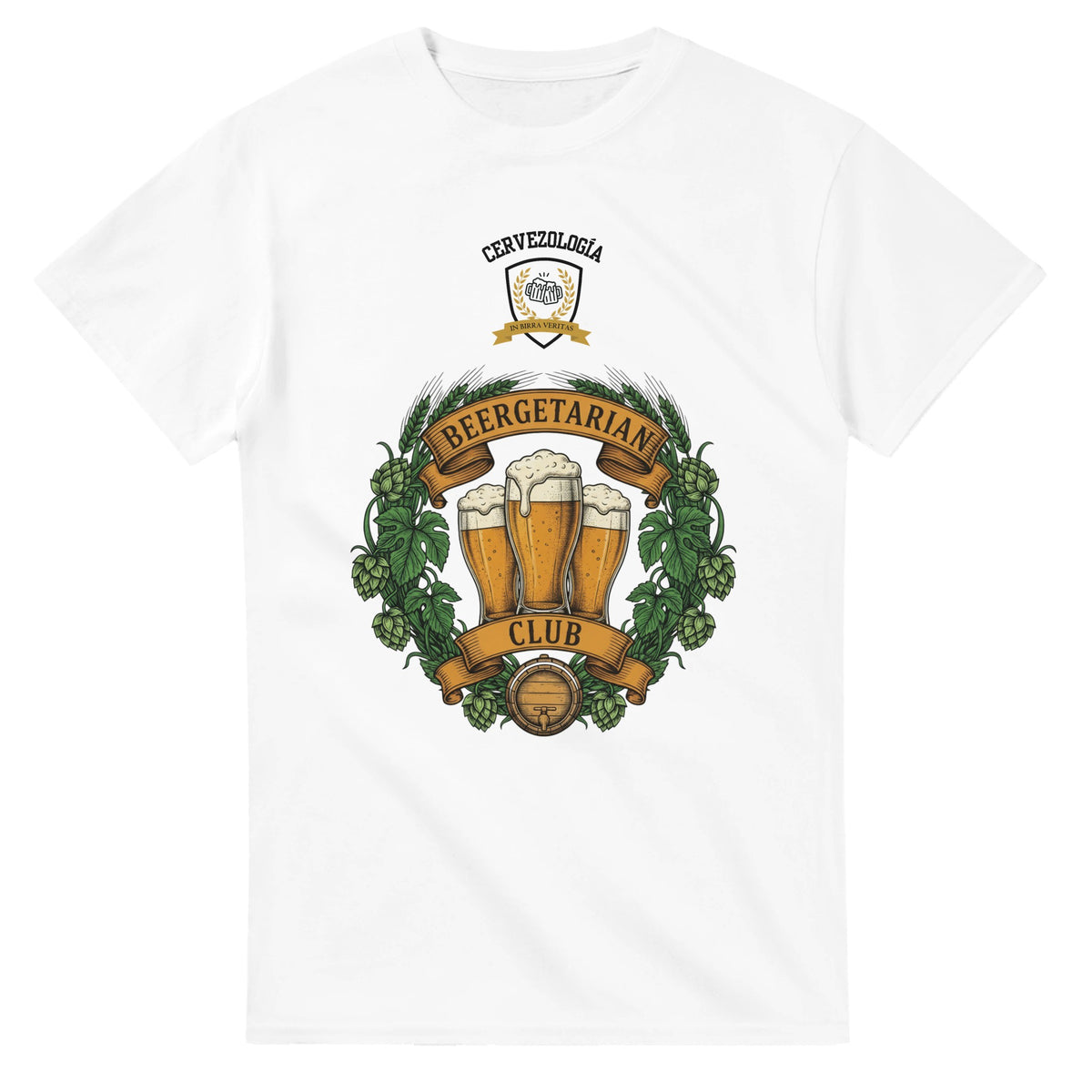 Camiseta blanca con estampado de jarra de cerveza y hojas, cuello redondo