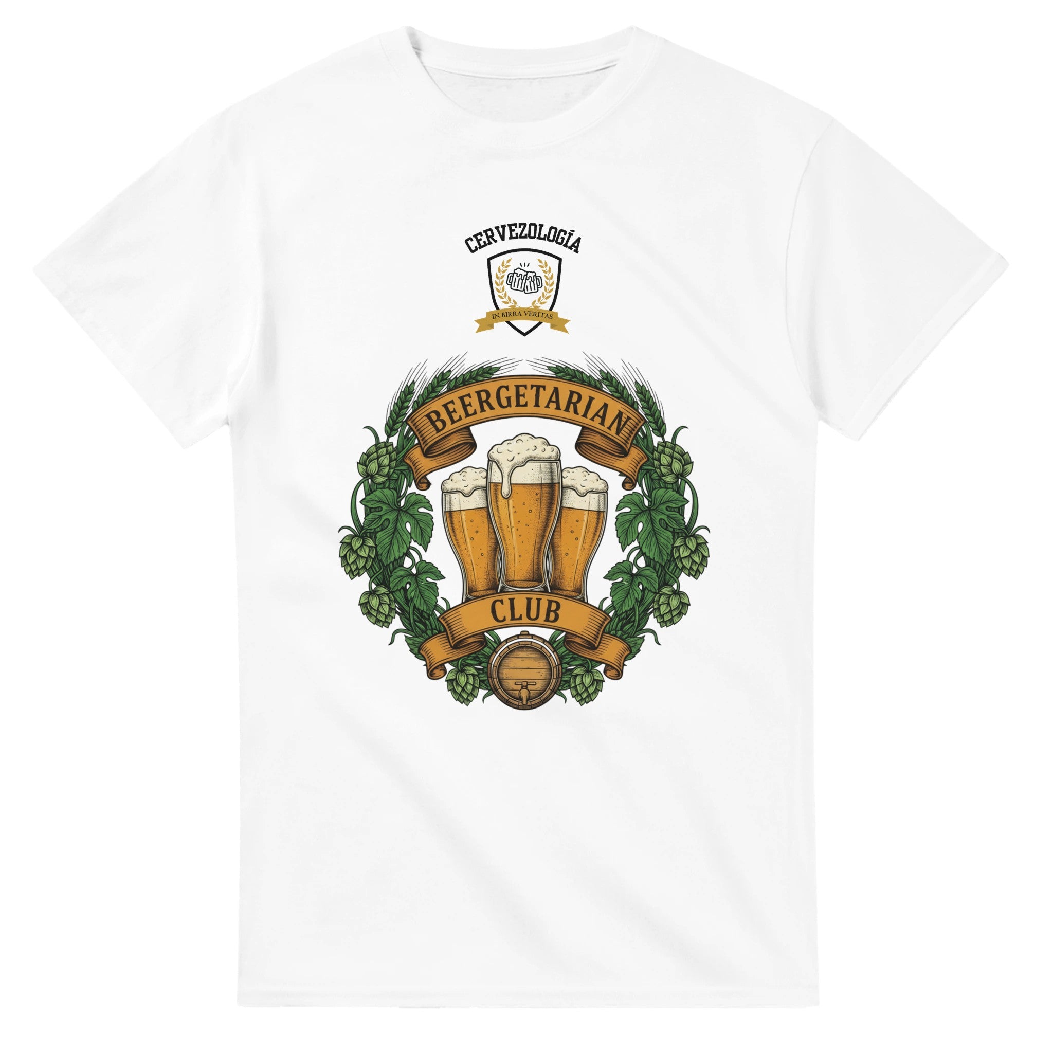 Camiseta blanca con estampado de jarra de cerveza y hojas, cuello redondo