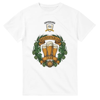 Camiseta blanca con estampado de jarra de cerveza y hojas, cuello redondo