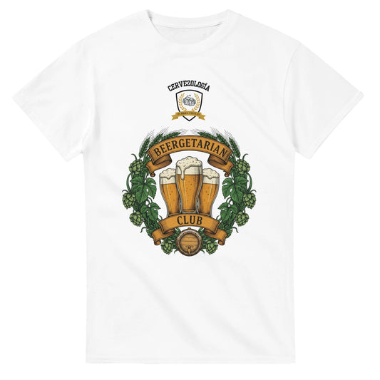 Camiseta blanca con estampado de jarra de cerveza y hojas, cuello redondo
