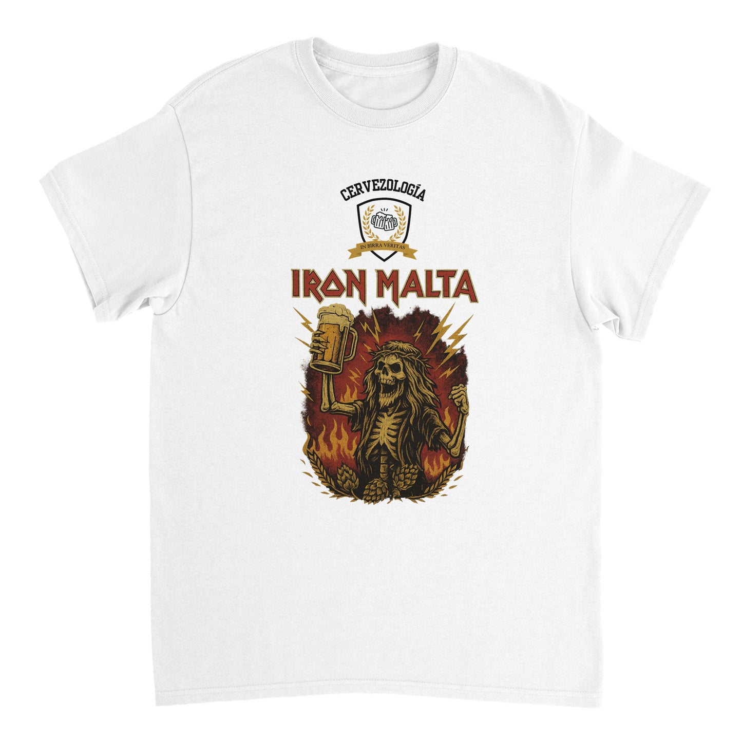 Camiseta blanca con estampado IRON MALTA y león, diseño centrado y cuello redondo