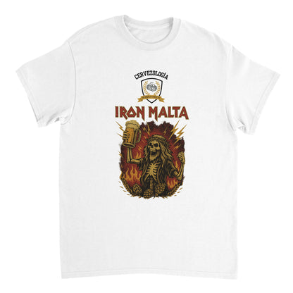 Camiseta blanca con estampado IRON MALTA y león, diseño centrado y cuello redondo