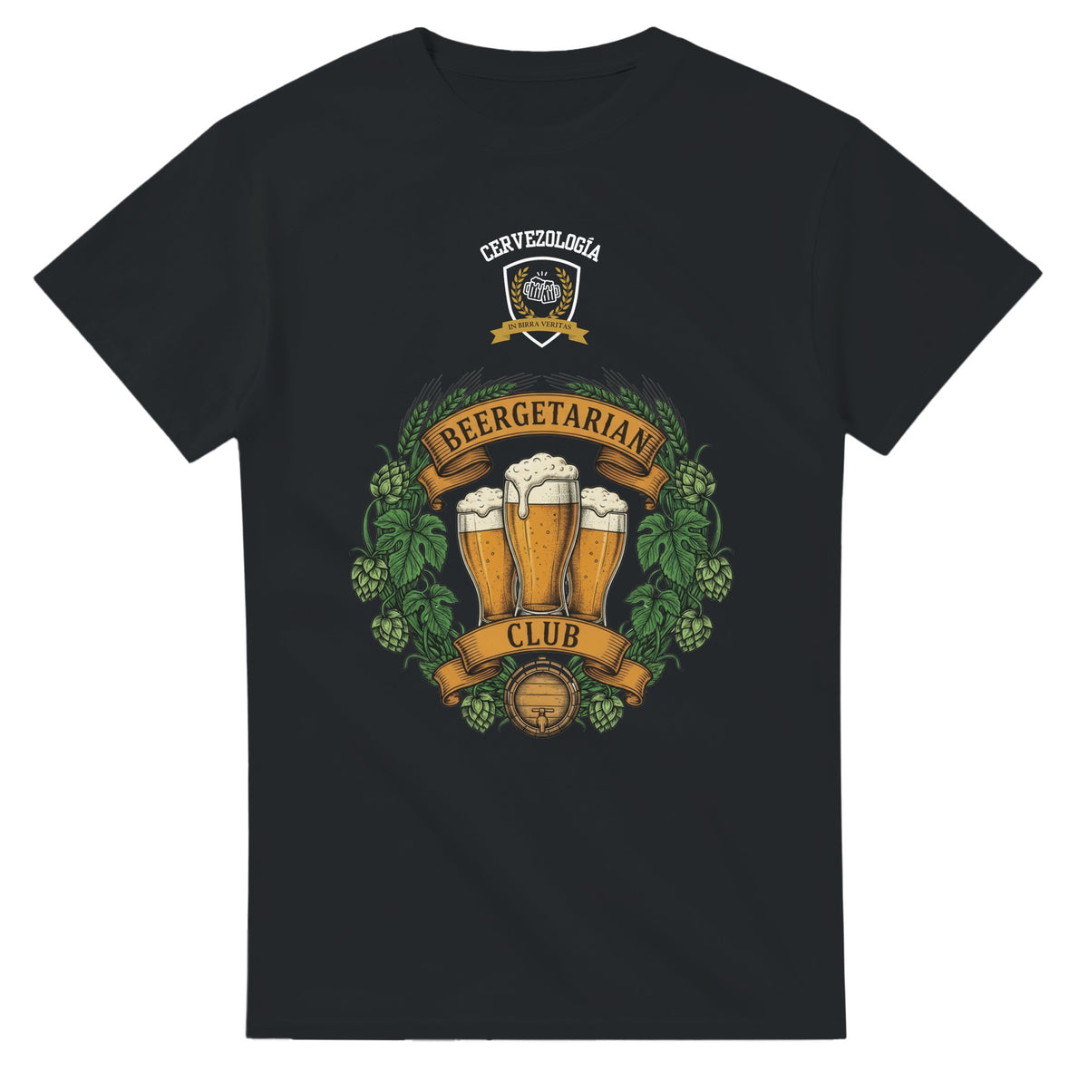 Camiseta negra con estampado de jarra de cerveza, corona y hojas, manga corta