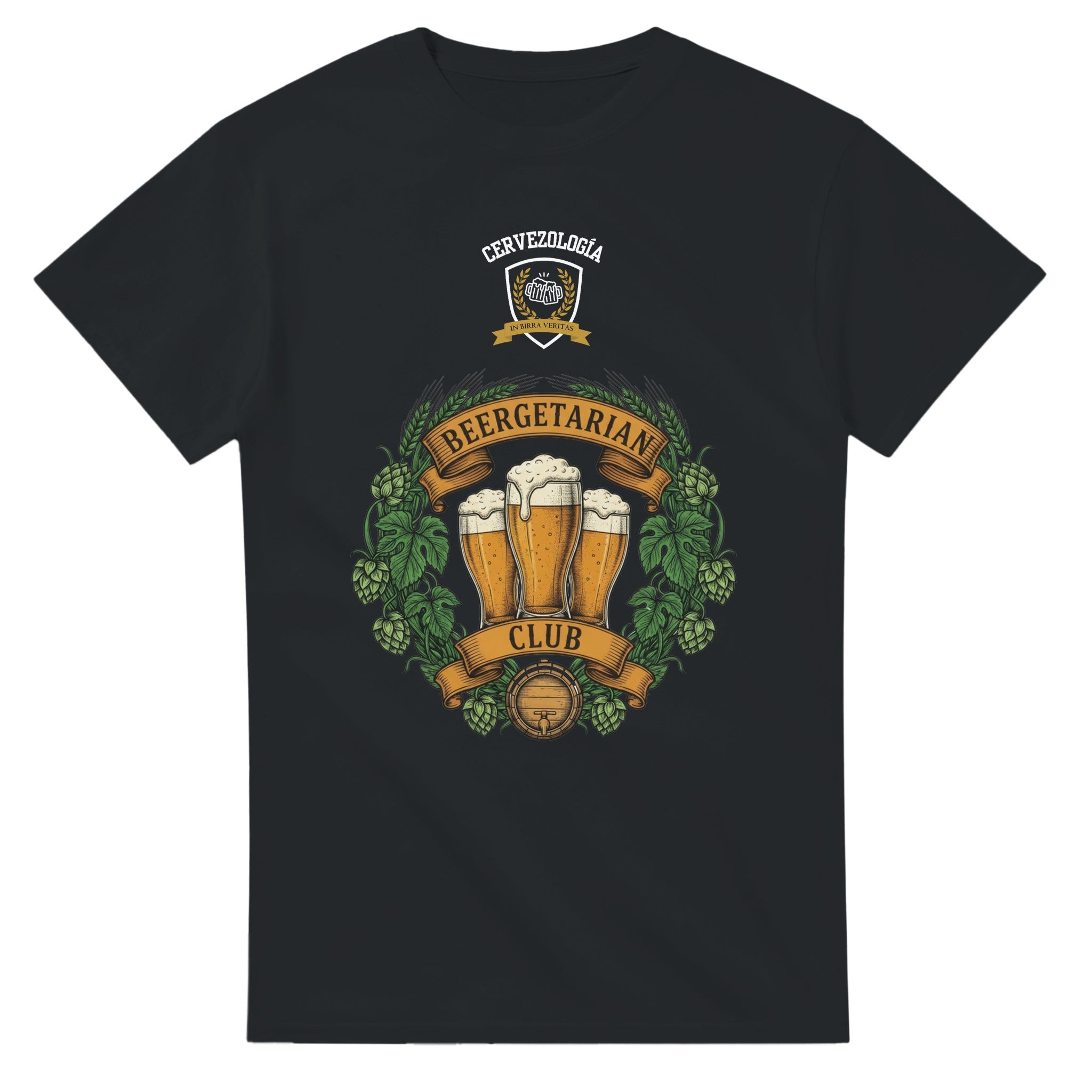 Camiseta negra con estampado de jarra de cerveza, corona y hojas, manga corta