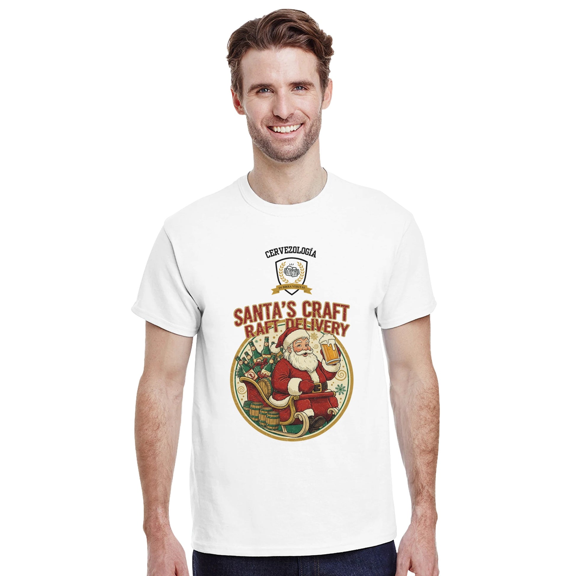 Camiseta blanca de manga corta con estampado circular de Santa en el pecho