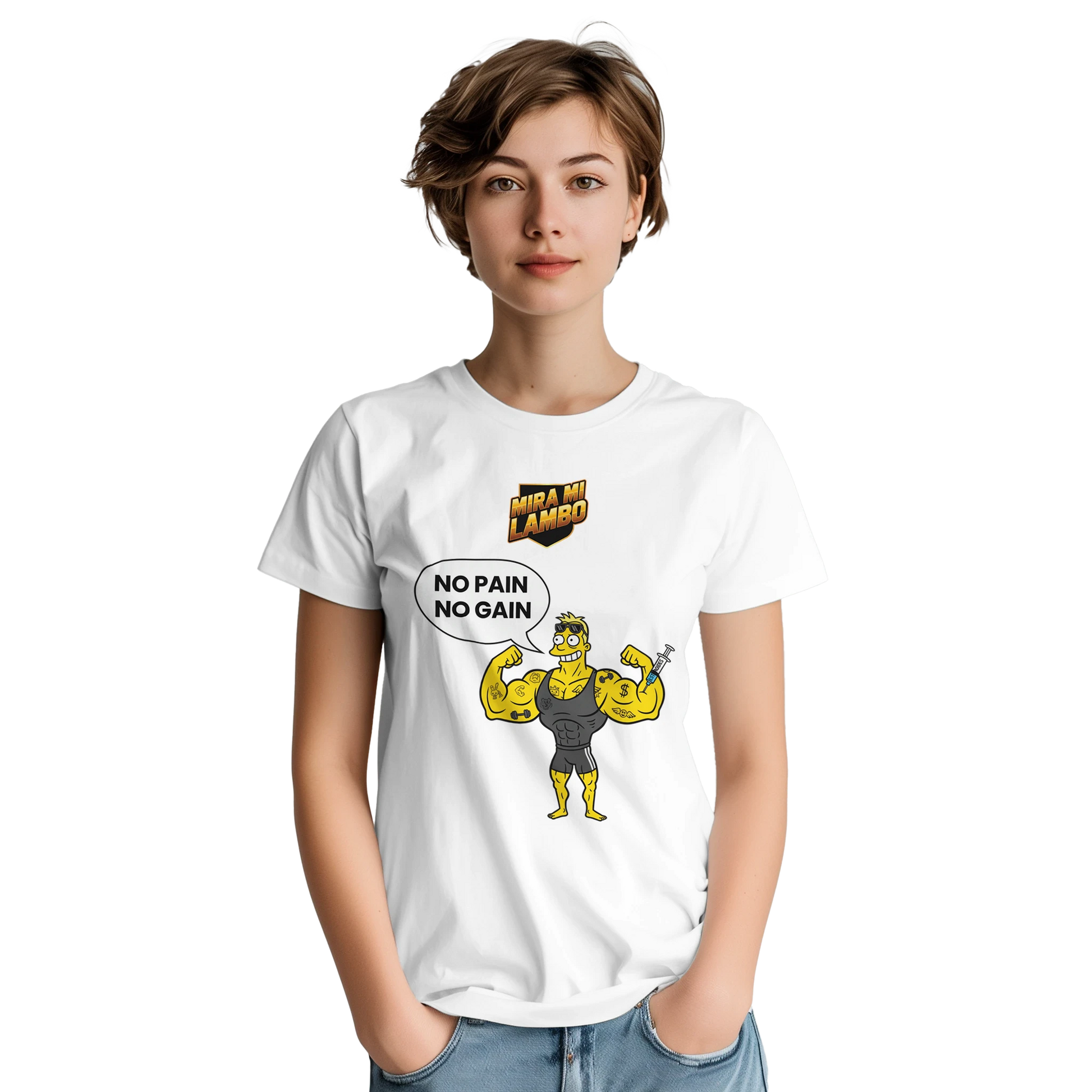 Camiseta blanca con estampa central «NO PAIN NO GAIN» de personaje entrenando.