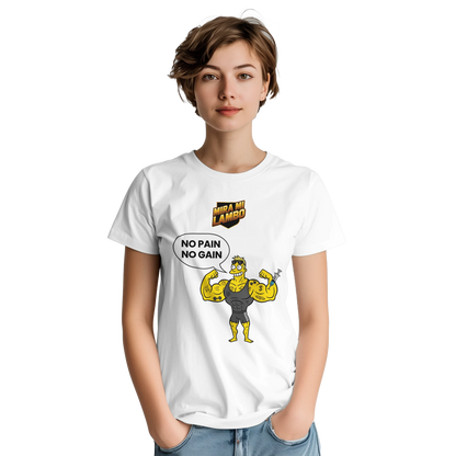 Camiseta blanca con estampa central «NO PAIN NO GAIN» de personaje entrenando.