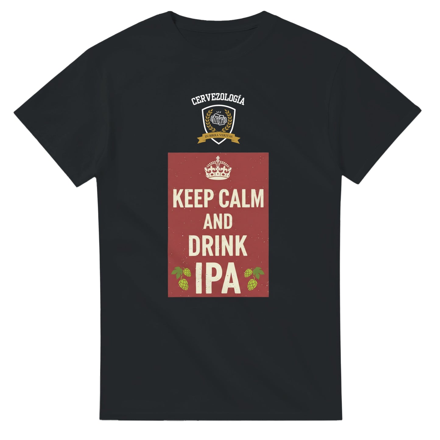 Camiseta negra lisa con estampa frontal “KEEP CALM AND DRINK IPA”