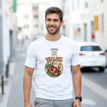 Camiseta blanca de cuello redondo con estampado circular de Santa y cerveza