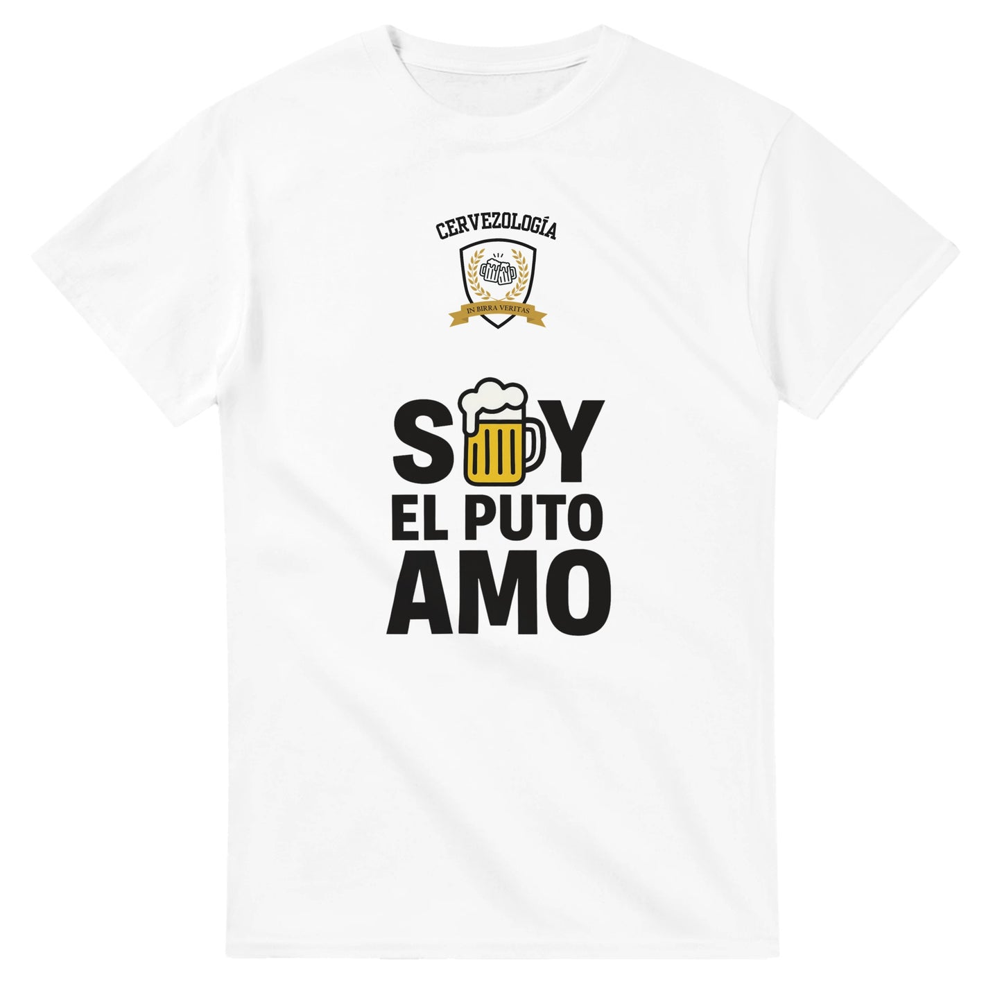 Camiseta blanca de manga corta con estampado Beer & Fun y EL PUTO AMO.