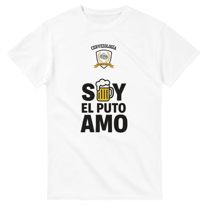 Camiseta blanca de manga corta con estampado Beer & Fun y EL PUTO AMO.