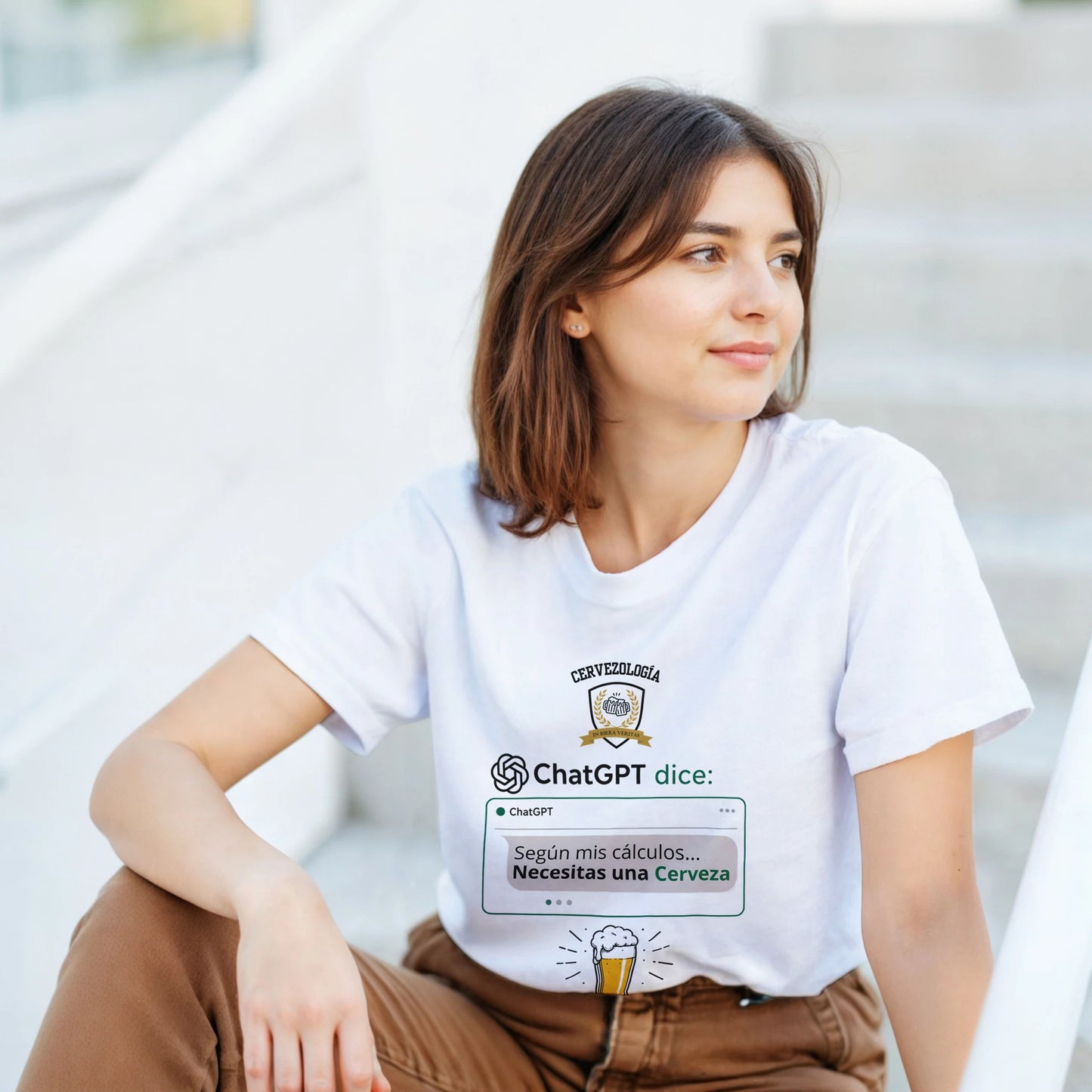 Camiseta blanca con estampado frontal de ChatGPT dice y jarra de cerveza, cuello redondo