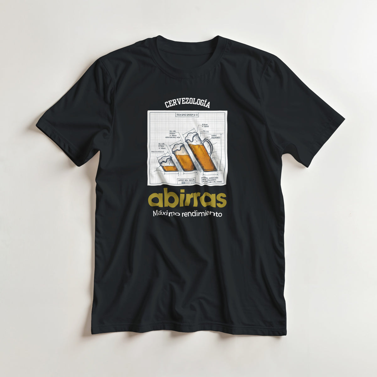 Camiseta Abirras negra de cuello redondo y manga corta, estampado frontal cervezología
