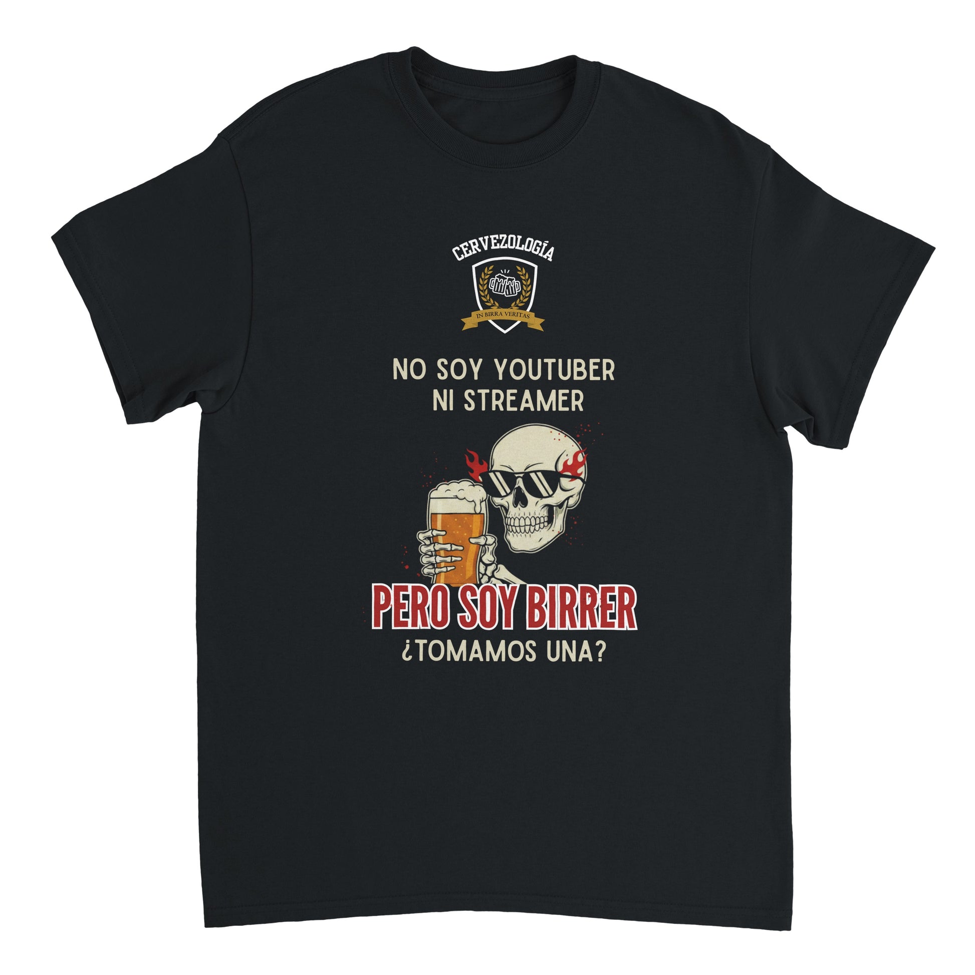Camiseta negra con estampado grande de calavera cervecera y frase Tomamos una