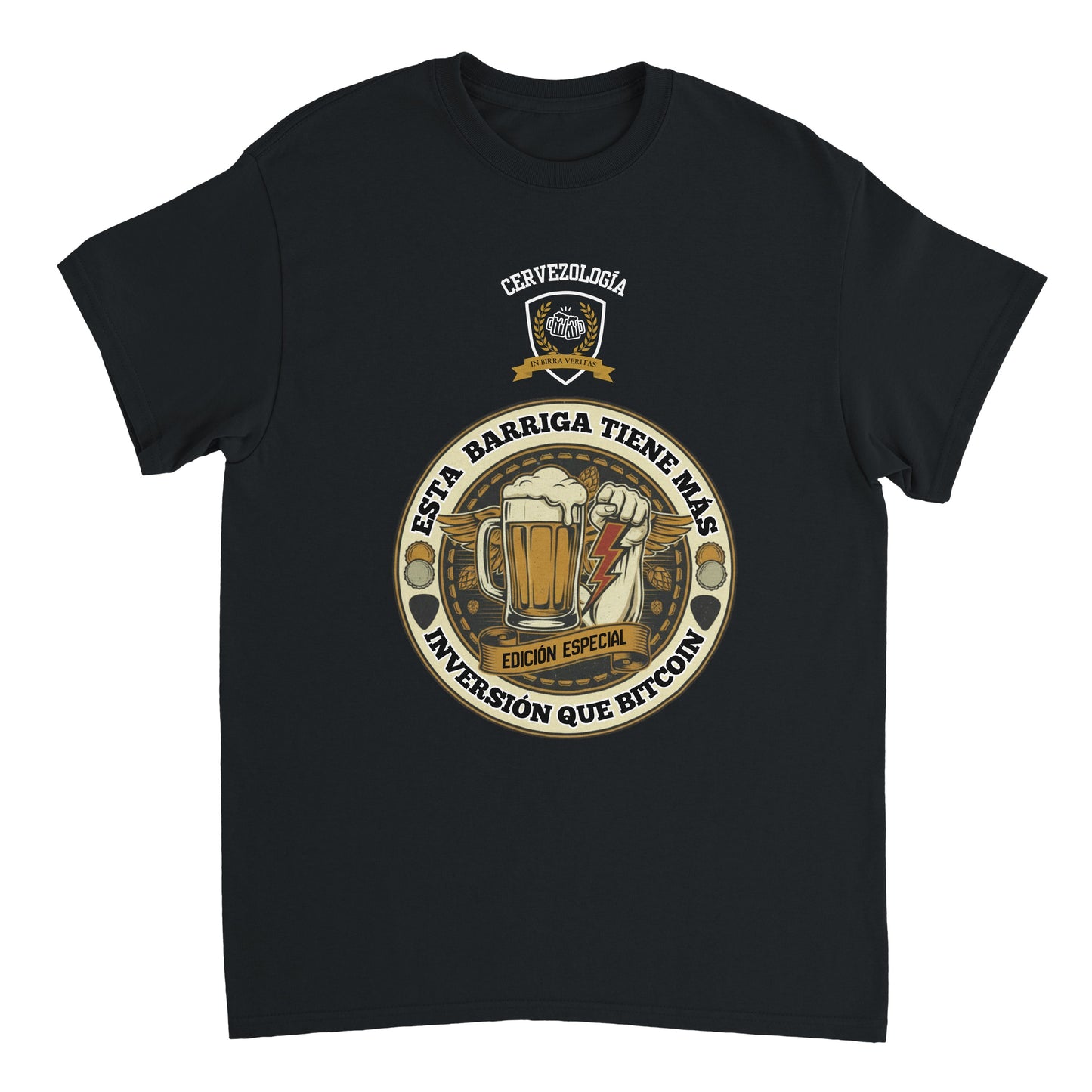 Camiseta negra lisa con estampado circular de cerveza en el centro del pecho