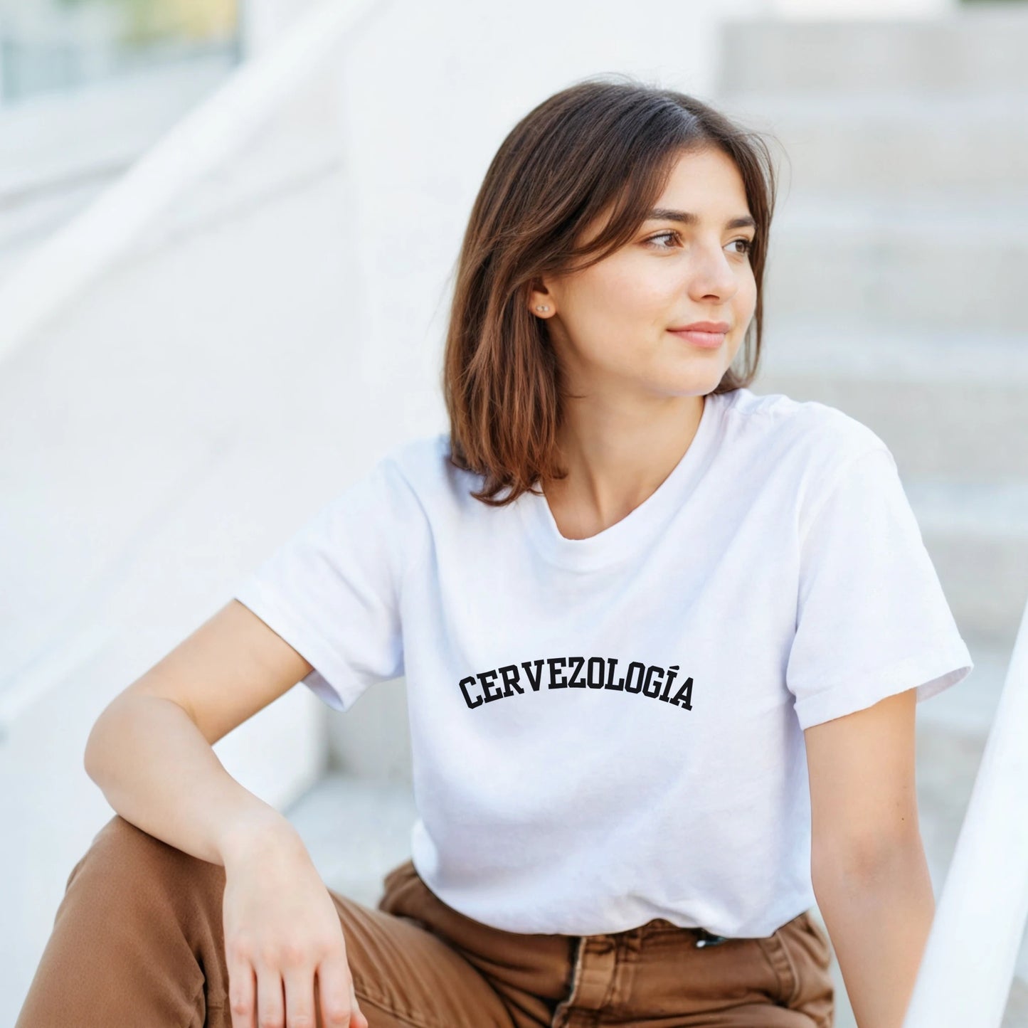 Camiseta blanca de mujer con estampado CERVEZOLOGÍA en el pecho