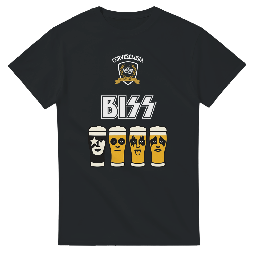 Camiseta negra Biss con estampa cervecería y diseño de barriles