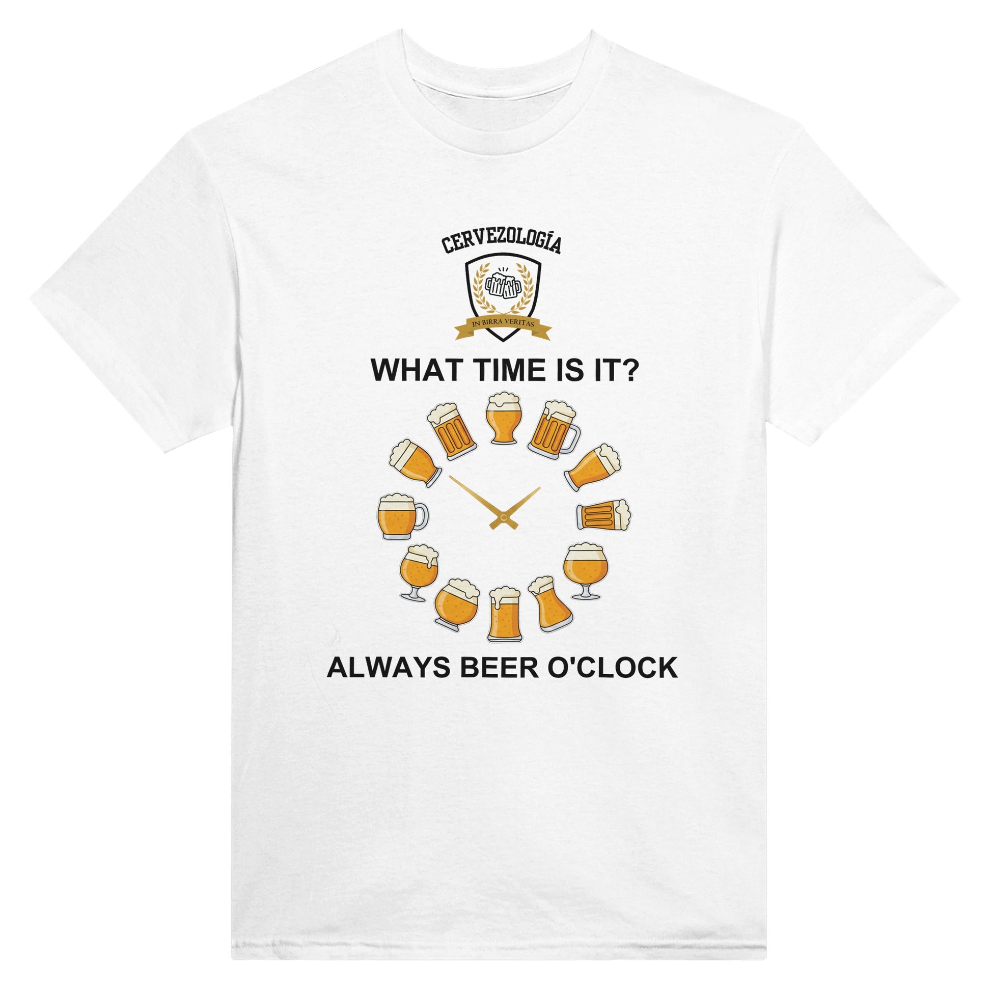 Camiseta blanca con estampado circular de cerveza y texto “ALWAYS BEER O’CLOCK”