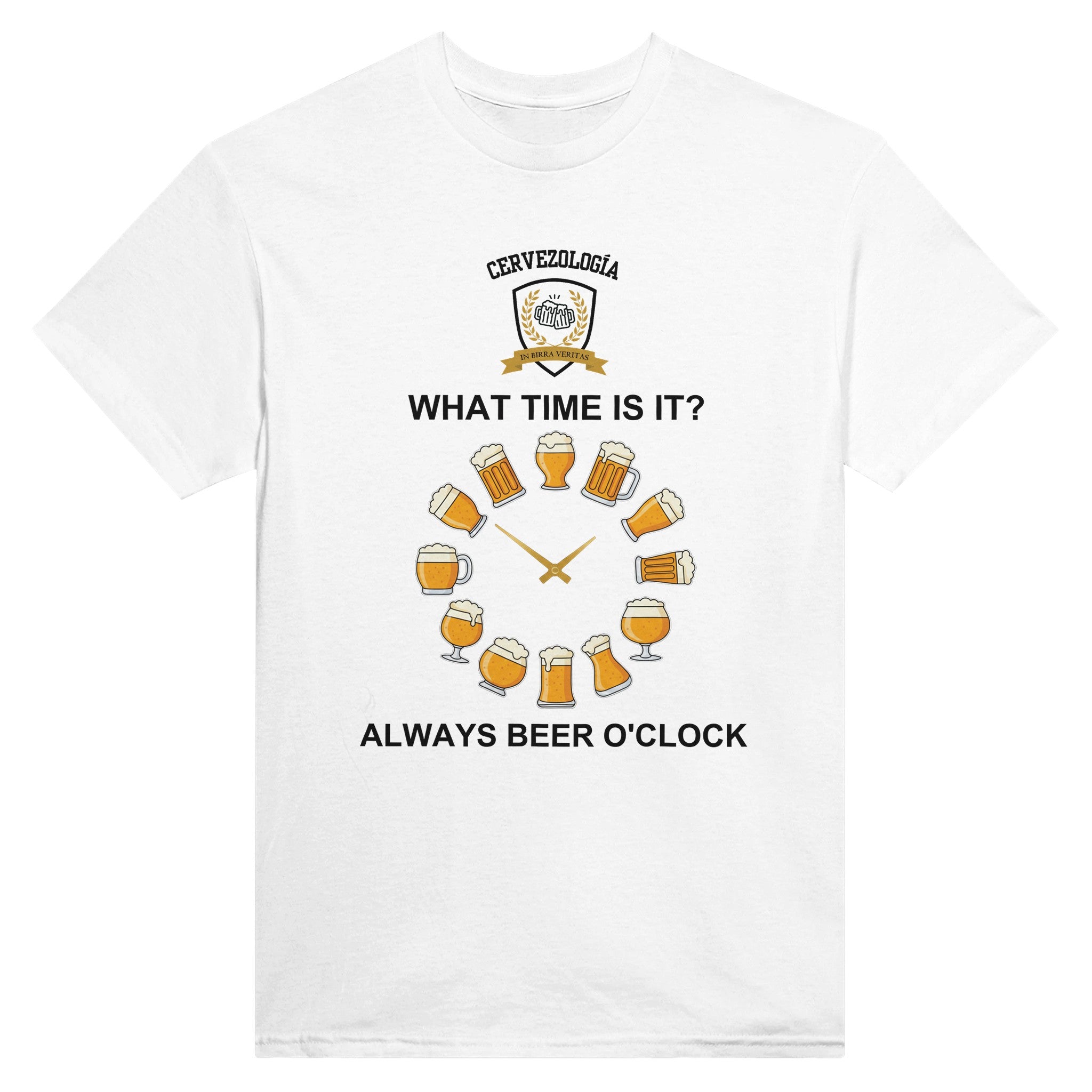 Camiseta blanca con estampado circular de cerveza y texto “ALWAYS BEER O’CLOCK”