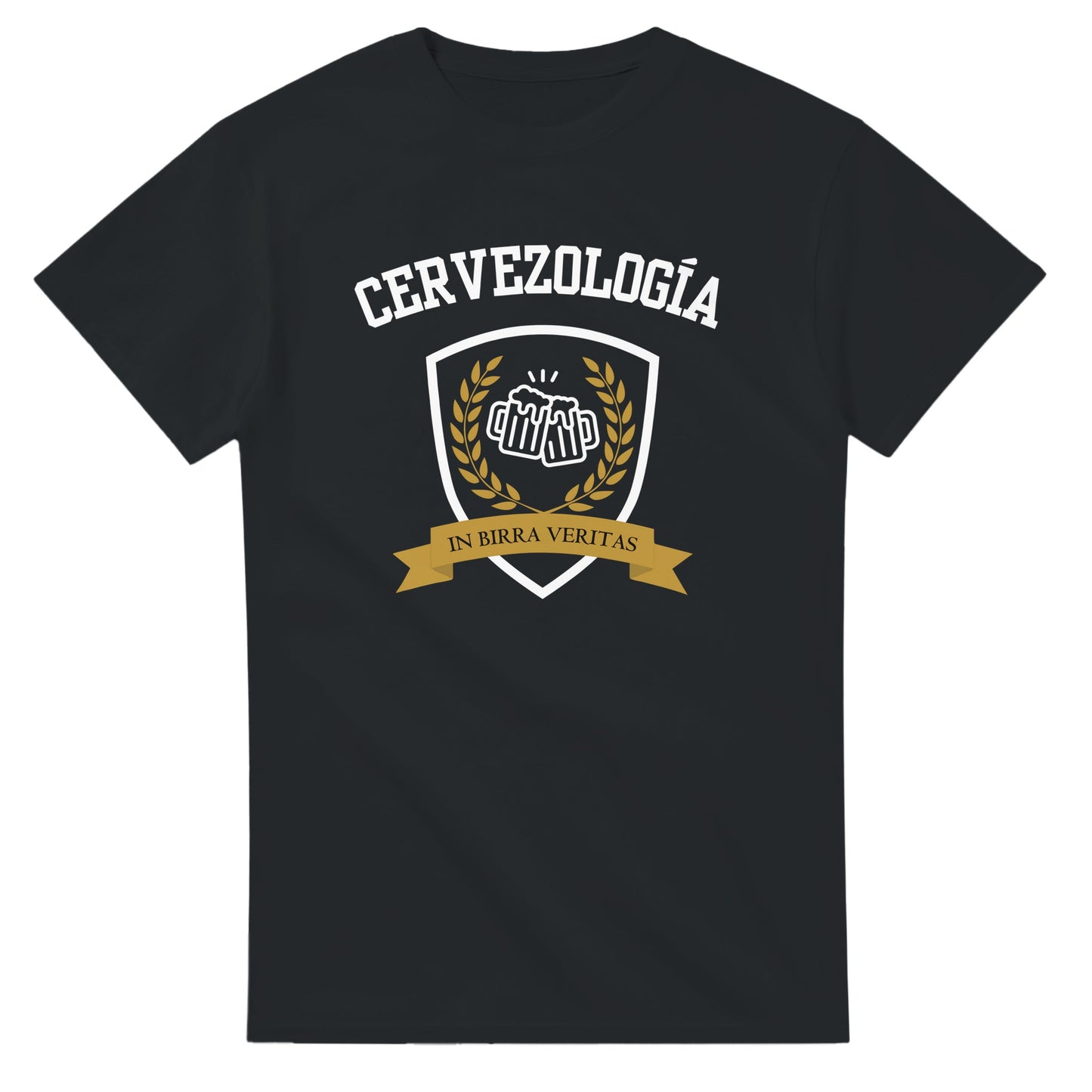 Camiseta negra con estampa Cervezología™ frontal tipo escudo y cinta amarilla