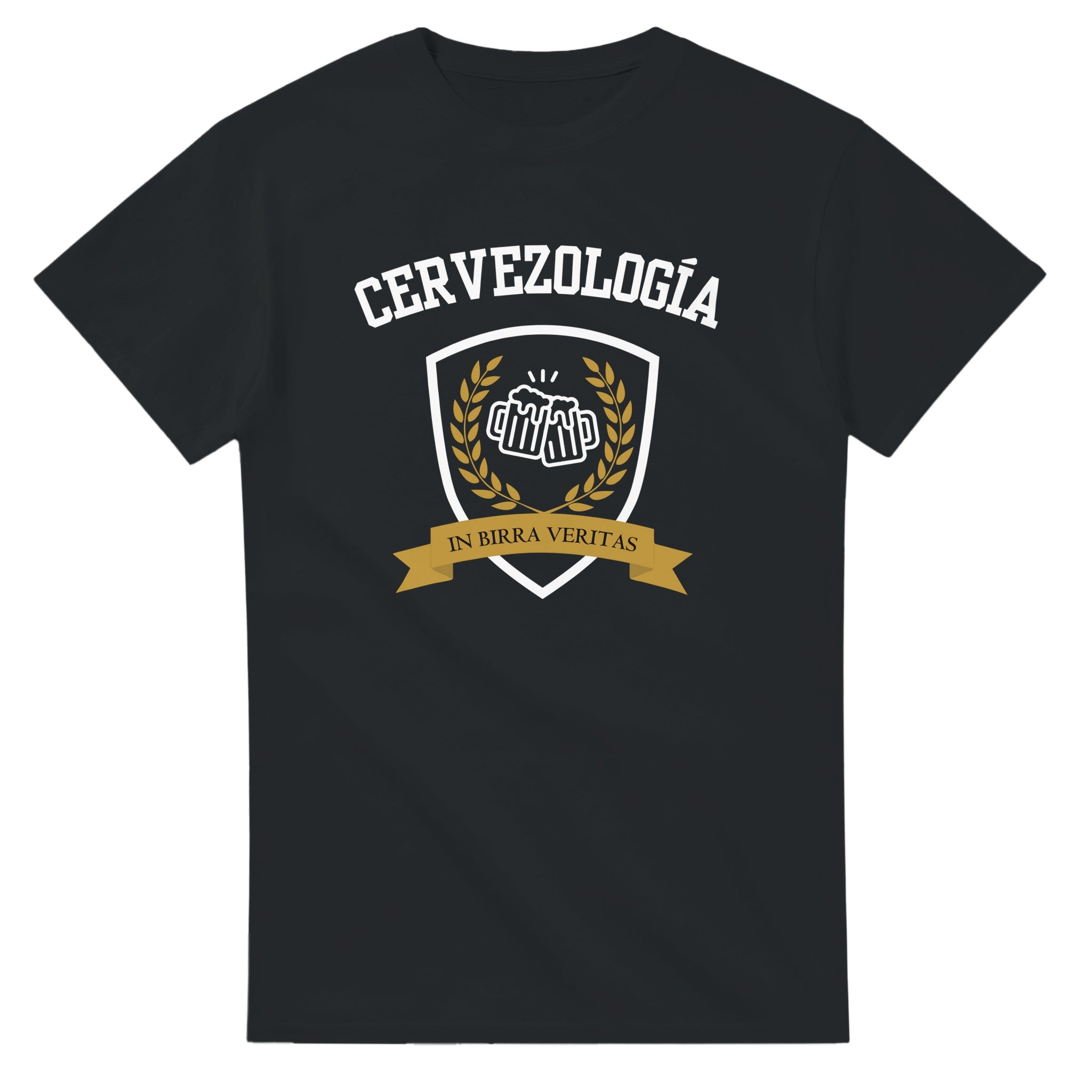 Camiseta negra con estampa Cervezología™ frontal tipo escudo y cinta amarilla