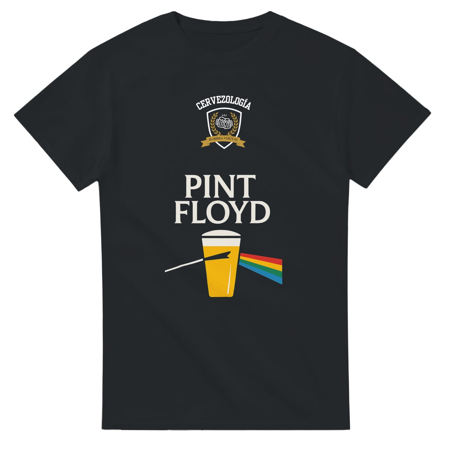 Camiseta negra Pint Floyd con emblema y diseño de vaso multicolor