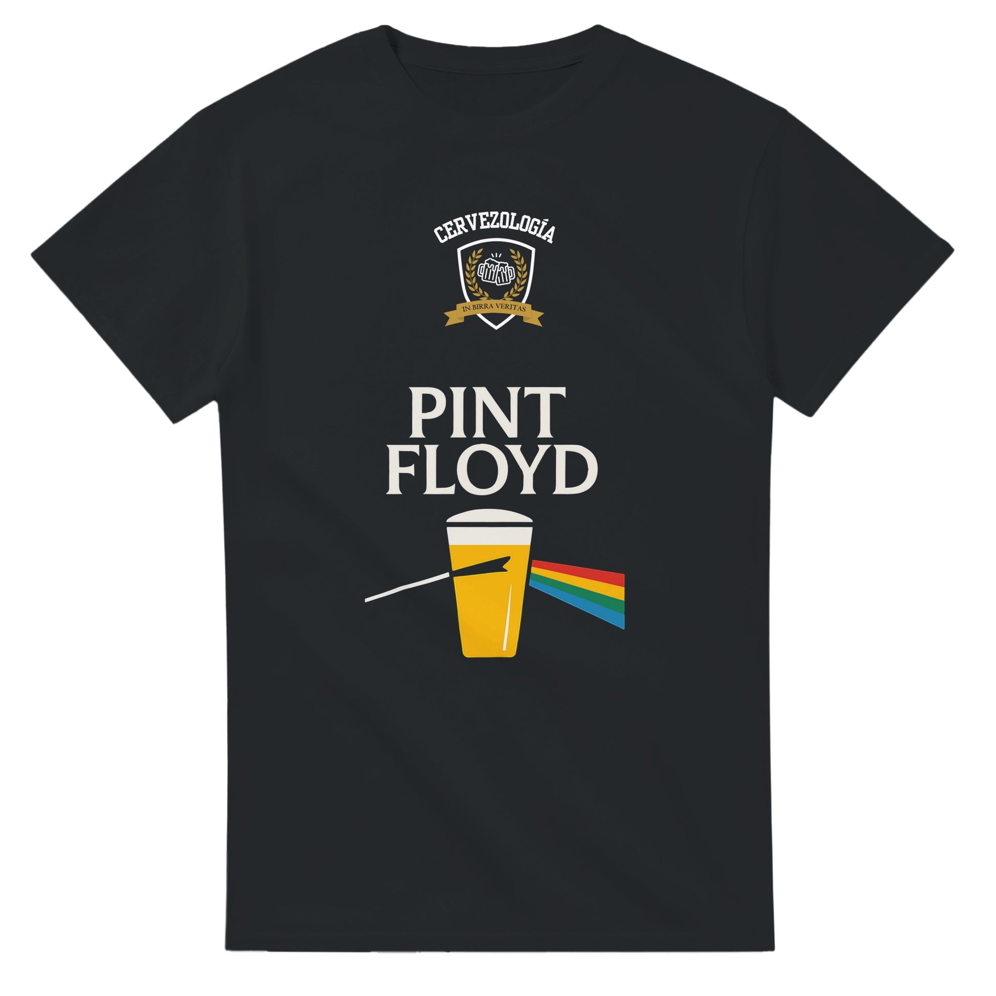 Camiseta negra Pint Floyd con emblema y diseño de vaso multicolor