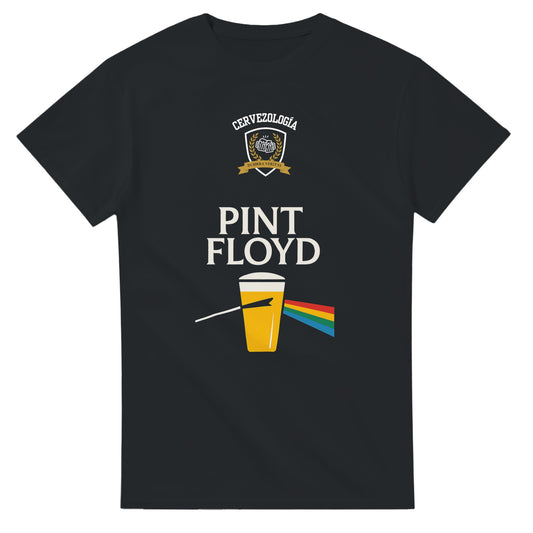 Camiseta negra Pint Floyd con emblema y diseño de vaso multicolor