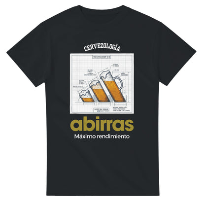 Camiseta Abirras negra con gran estampado cervezología y 'Máximo rendimiento' en el pecho
