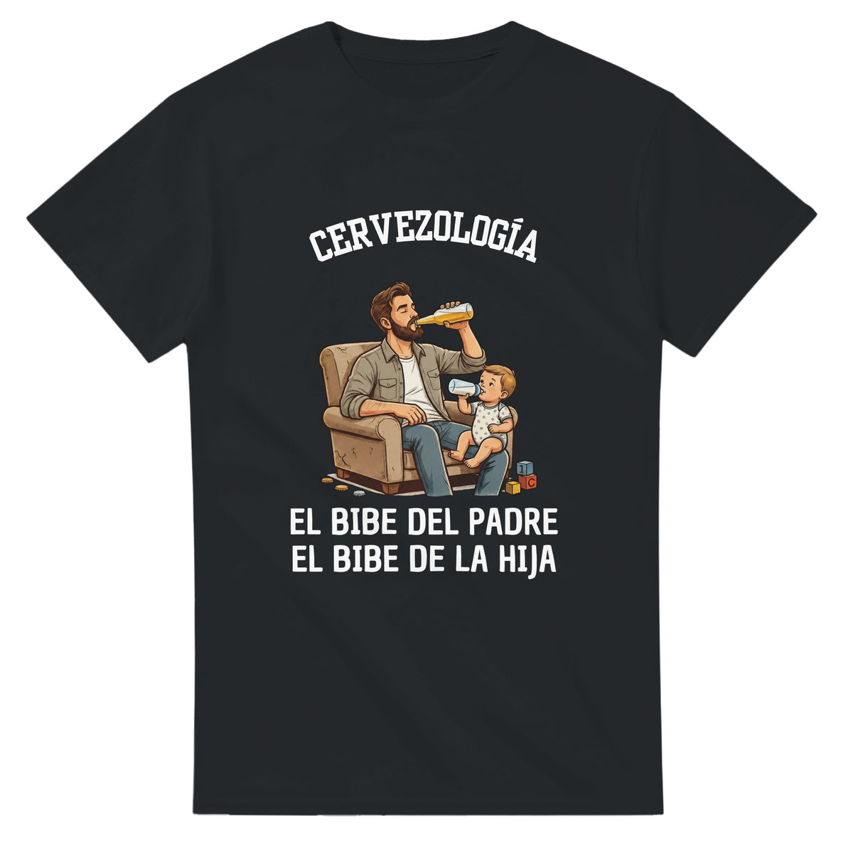 Camiseta negra con estampado «El bibe del padre» y «El bibe de la hija»