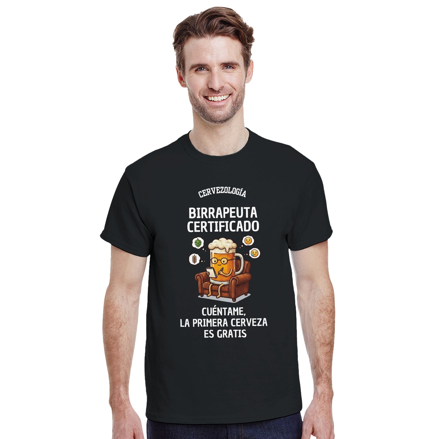 Camiseta negra de manga corta con estampado central y cuello redondo