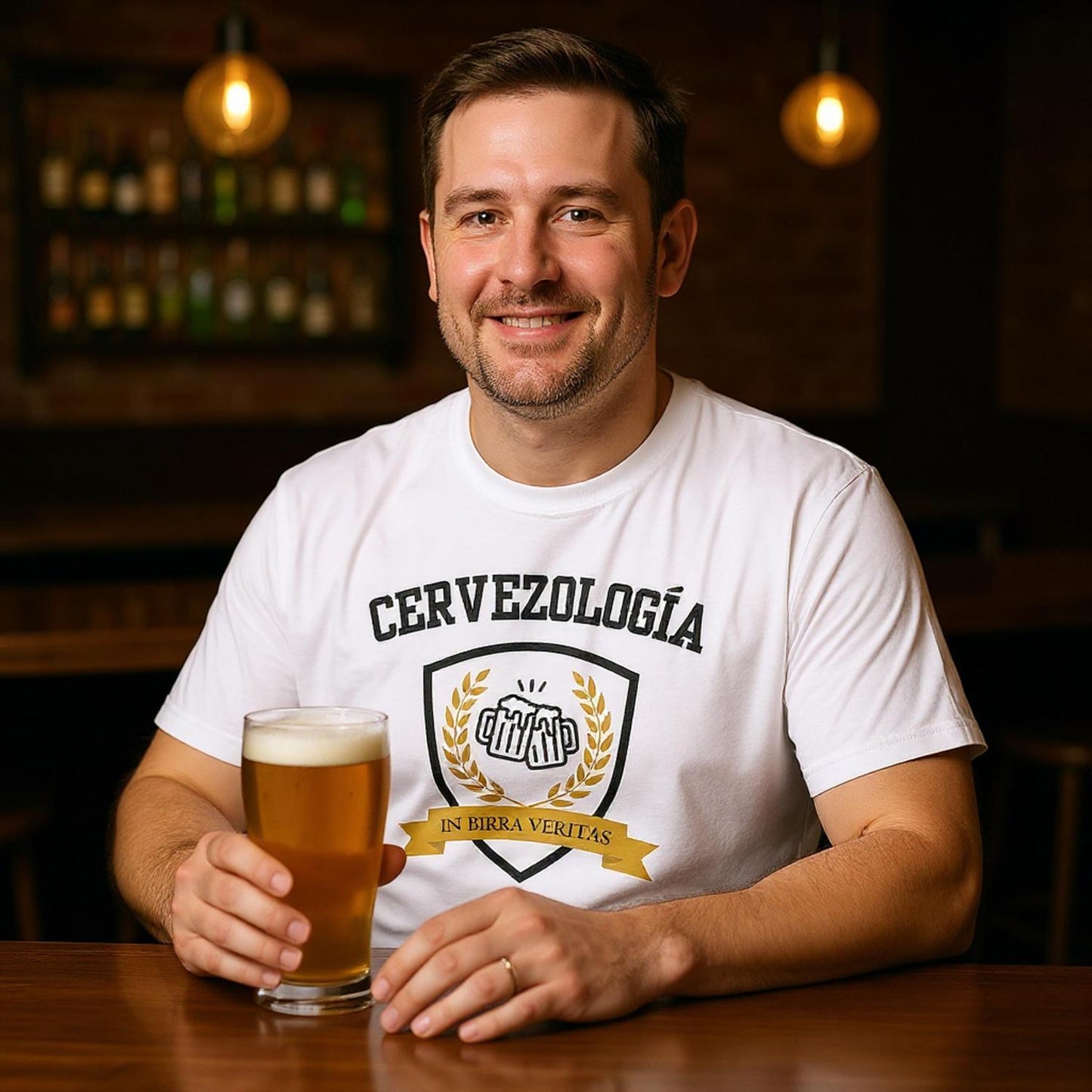 Camiseta Cervezología™ blanca con estampado frontal de escudo y cinta dorada