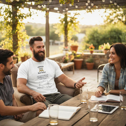 Camiseta blanca de manga corta con estampado de cerveza, usada por hombre en reunión