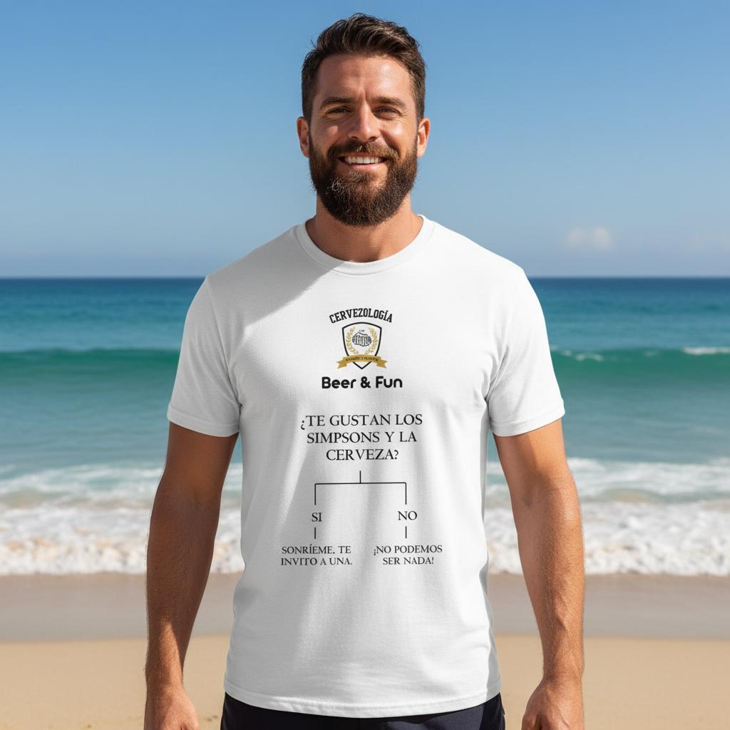 Camiseta blanca de manga corta con logo y texto de cerveza, estampado frontal