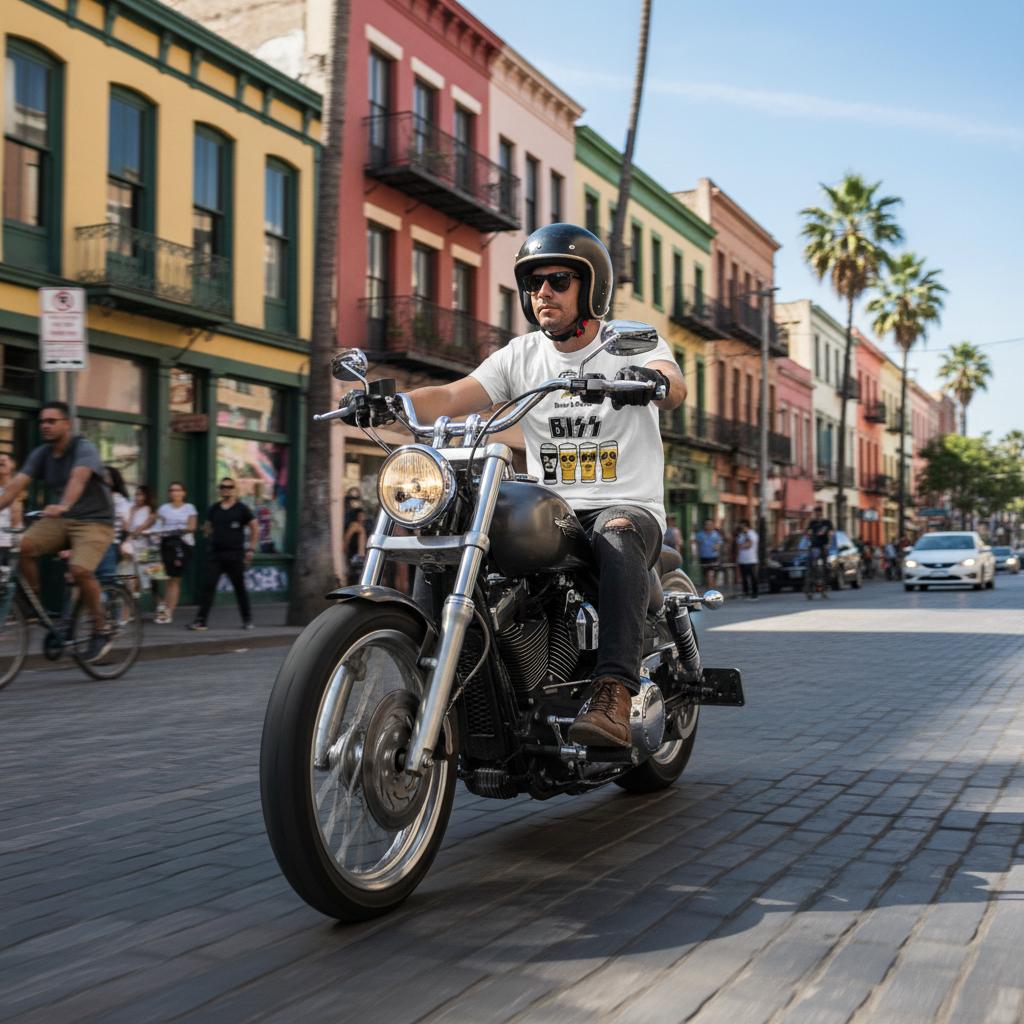 Camiseta blanca con estampado B167 y vasos de cerveza, hombre en motocicleta