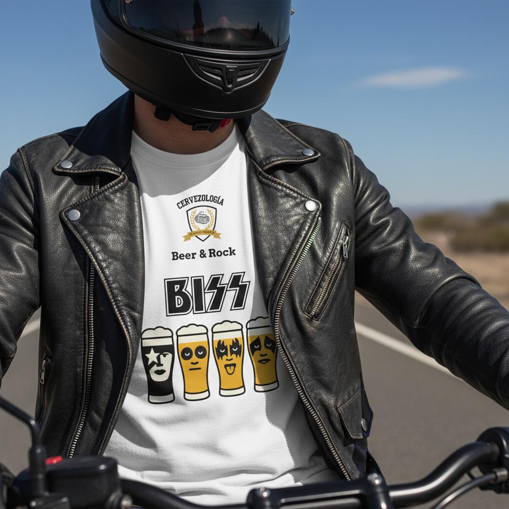 Camiseta blanca Biss con estampado Beer & Rock, vista parcial bajo chaqueta de cuero