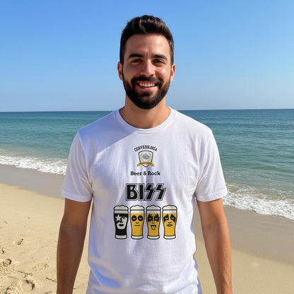 Camiseta blanca Biss con estampado Beer & Rock y personajes de cerveza en el pecho