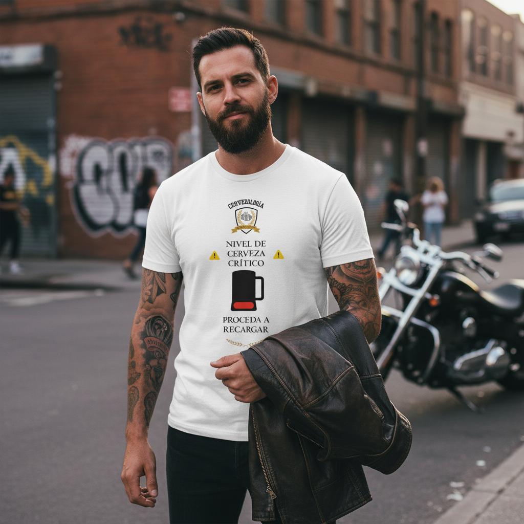 Camiseta blanca con estampado de cerveza; hombre con chaqueta de cuero y bolso.