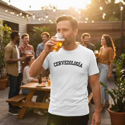 Camiseta blanca con cuello redondo y estampado CERVEZOLOGÍA en el pecho