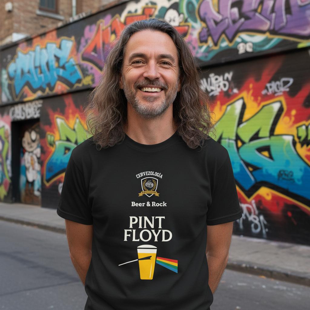 Camiseta negra Pint Floyd con texto Beer & Rock y vaso multicolor