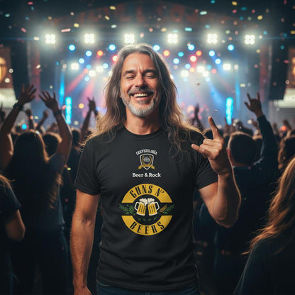 Camiseta negra con estampado "Beer & Rock" y emblema cervecero al centro.
