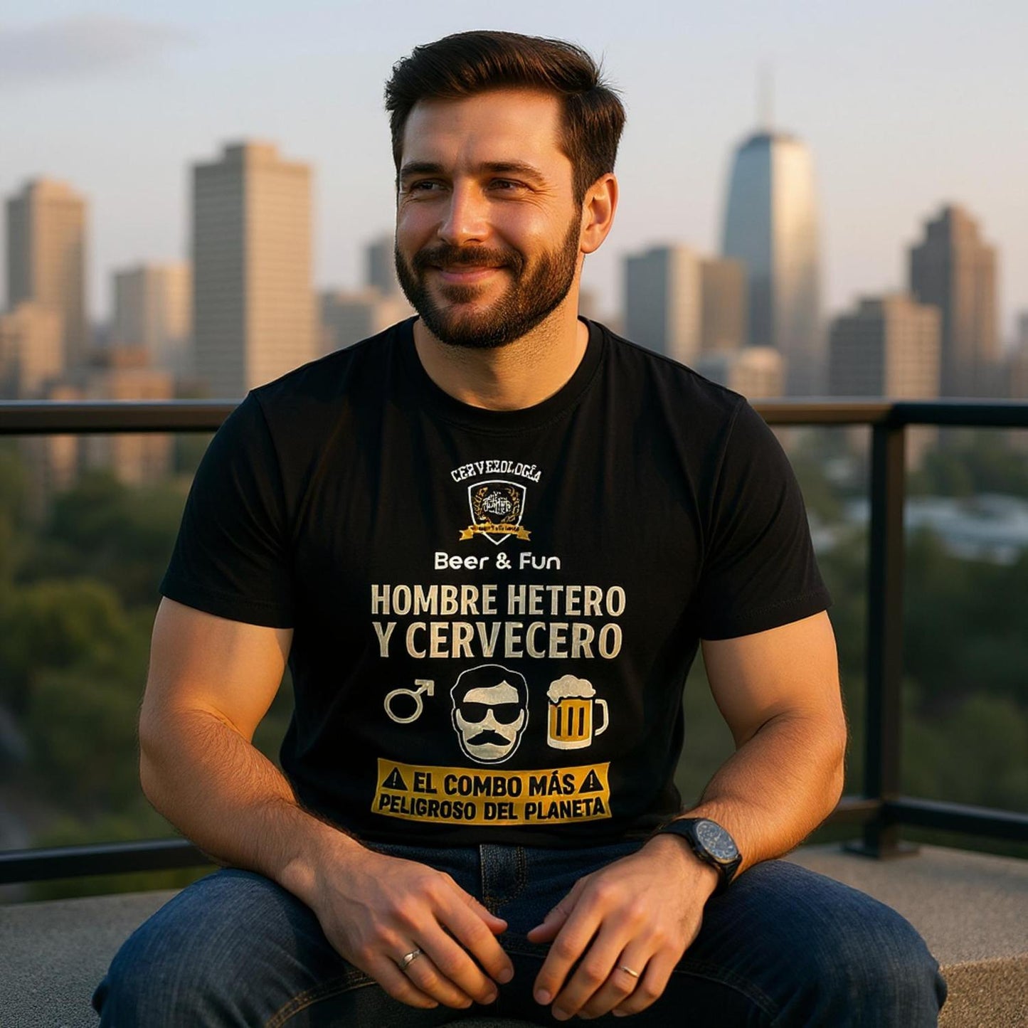 Camiseta negra con estampado “Beer & Fun” y “HOMBRE HETERO Y CERVECERO”, con iconos de cerveza.