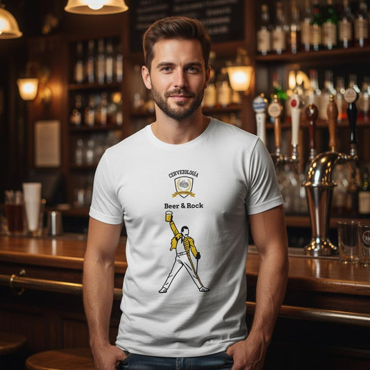 Camiseta blanca con estampado Beer & Rock y personaje sosteniendo una cerveza