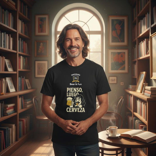 Camiseta negra con estampado dorado “PIENSO, LUEGO CERVEZA”, cuello redondo