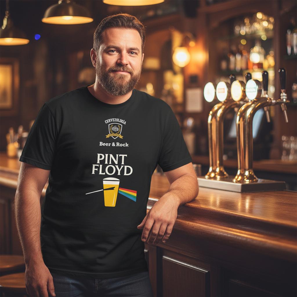 Camiseta negra Pint Floyd con vaso amarillo y barra de colores multicolor
