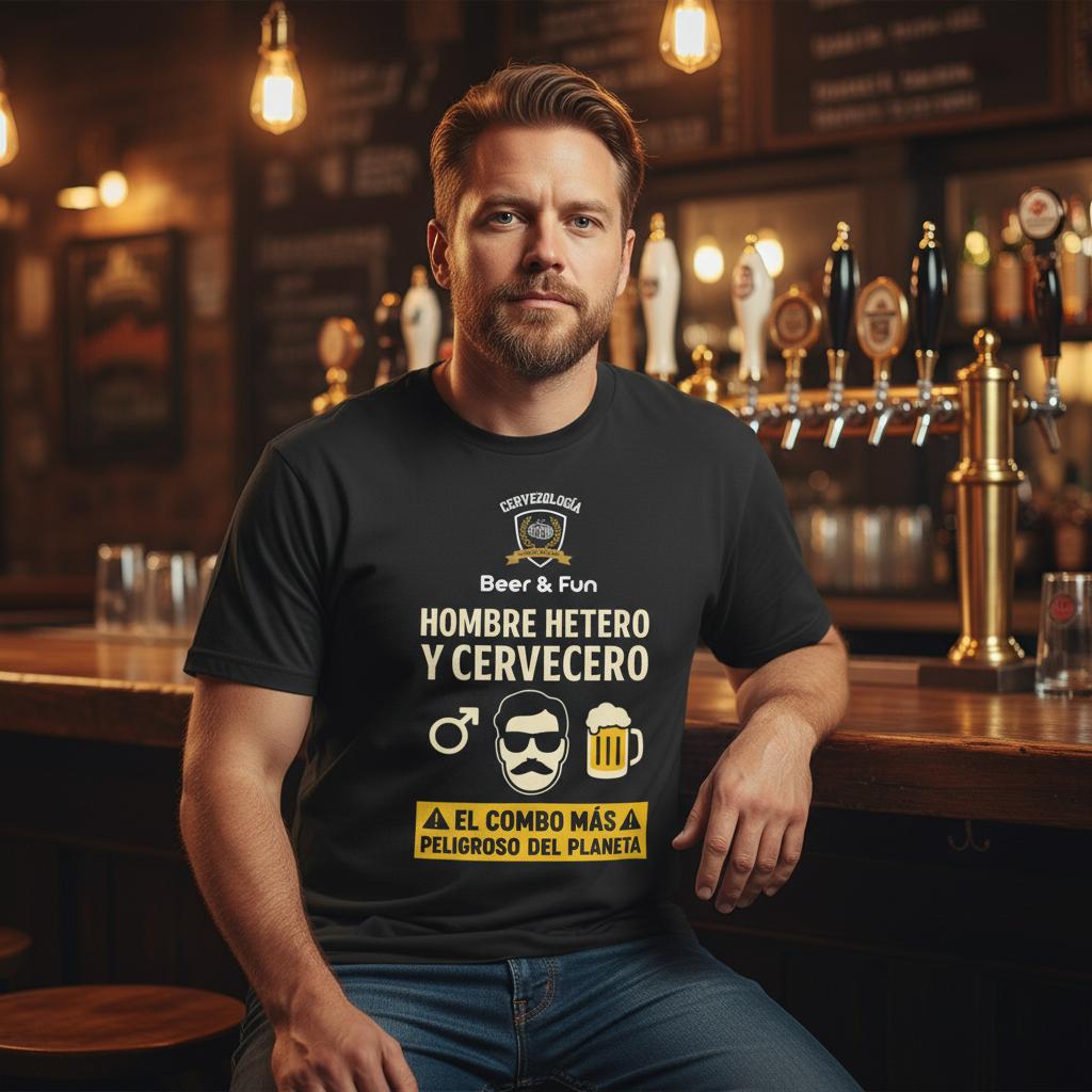 Camiseta negra con estampado “Beer & Fun” y “HOMBRE HETERO Y CERVECERO” con vaso de cerveza.